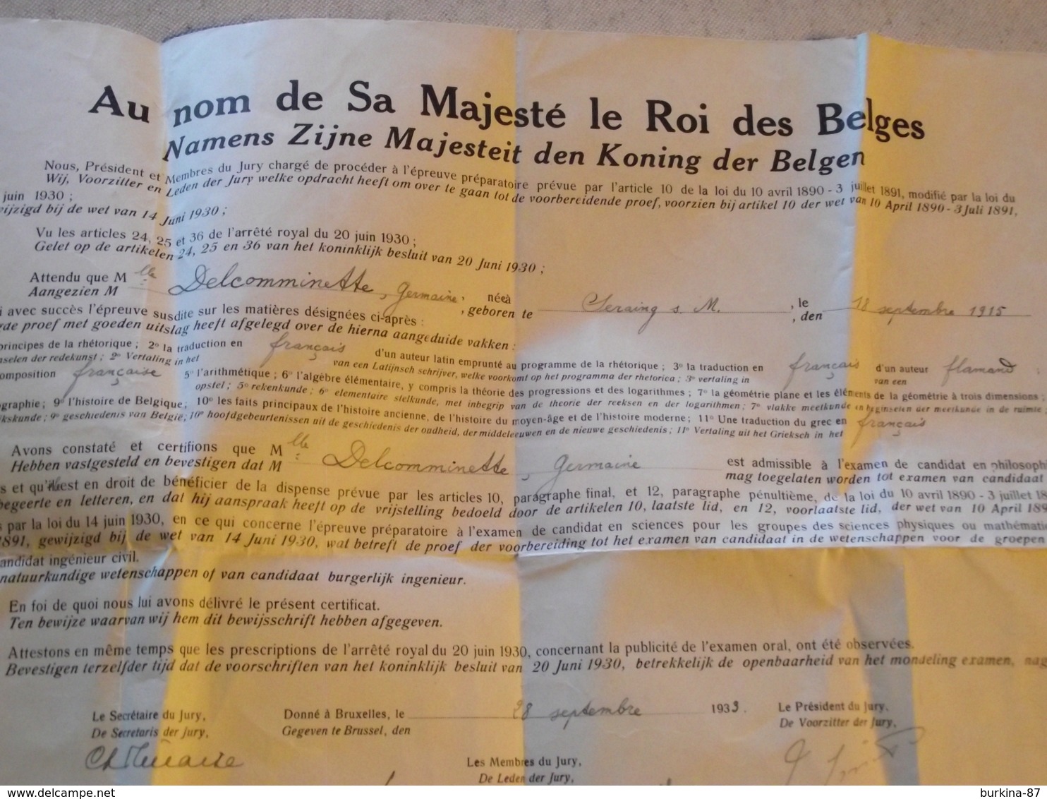 Bruxelles, Diplôme De Philosophie, Et Lettres, 1933 - Diplômes & Bulletins Scolaires