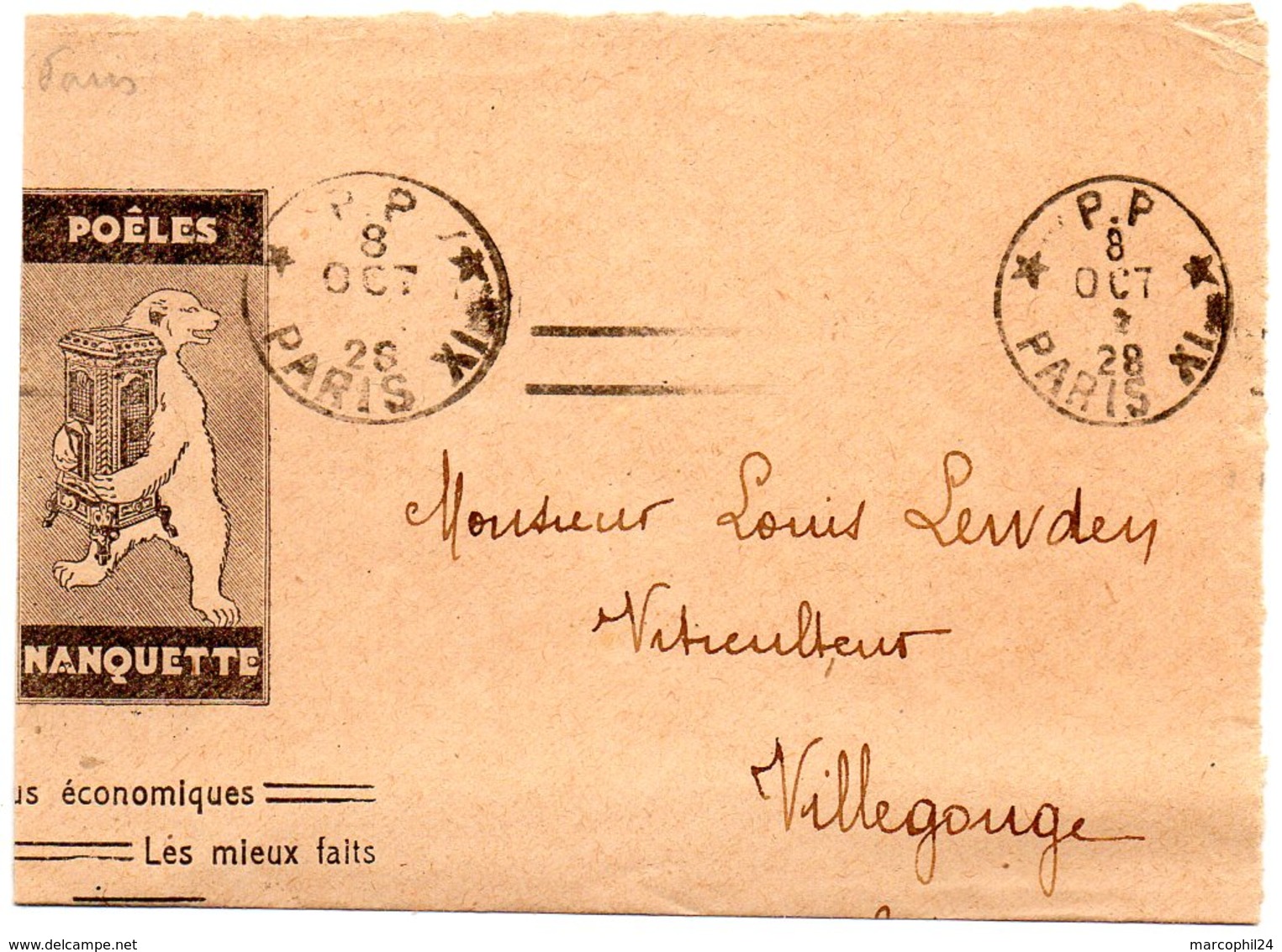 PARIS XI RUE MERCOEUR 1928 =  FLAMME PP KRAG Muette '4 Lignes DROITES égales' + POELES NANQUETTE - Mechanical Postmarks (Advertisement)