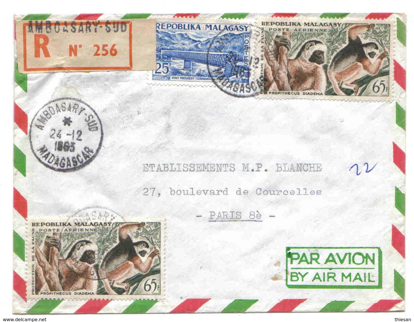 Madagascar Lettre Recommandée Avion Amboasary-sud 1963 Lémuriens Pont - Lettres & Documents