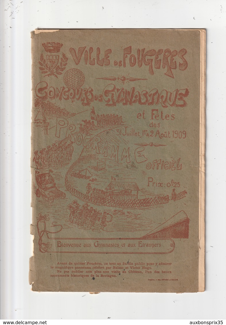 FOUGERES - PROGRAMME CONCOURS GYMNASTIQUE ET FETES DES 31 JUILLET, 1 ET 2 AOUT 1909 - Programas