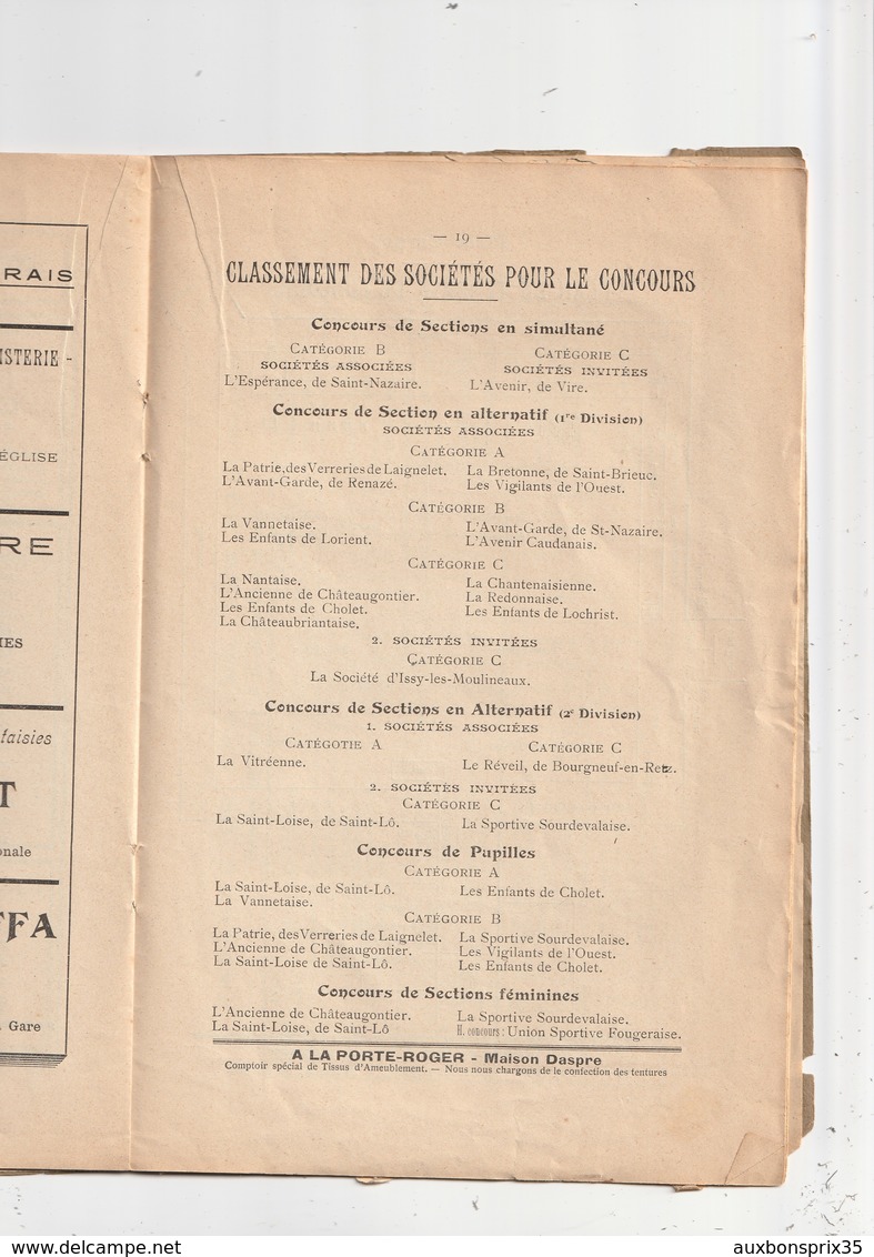 FOUGERES - PROGRAMME CONCOURS GYMNASTIQUE ET FETES DES 31 JUILLET, 1 ET 2 AOUT 1909 - Programs