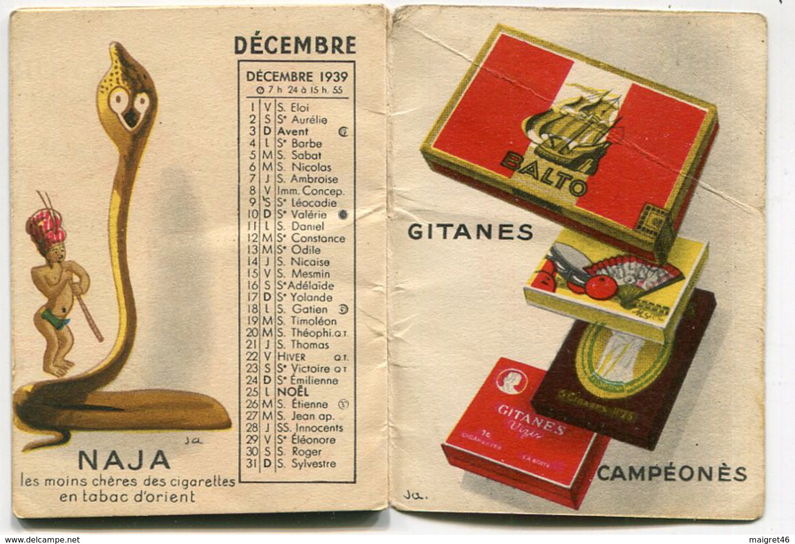 CALENDARIO SERVICE D'EXPLOITATION INDUSTRIELLE DES TABACS ET ALLUMETTES ANNO 1939 CIGARETTES JALINE TABACCO SIGARETTE