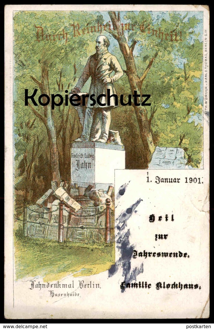 ALTE LITHO POSTKARTE JAHN DENKMAL BERLIN HASENHAIDE DURCH REINHEIT ZUR TURNHEIT Turnvater Turnen Hasenheide Klockhaus AK - Neukoelln