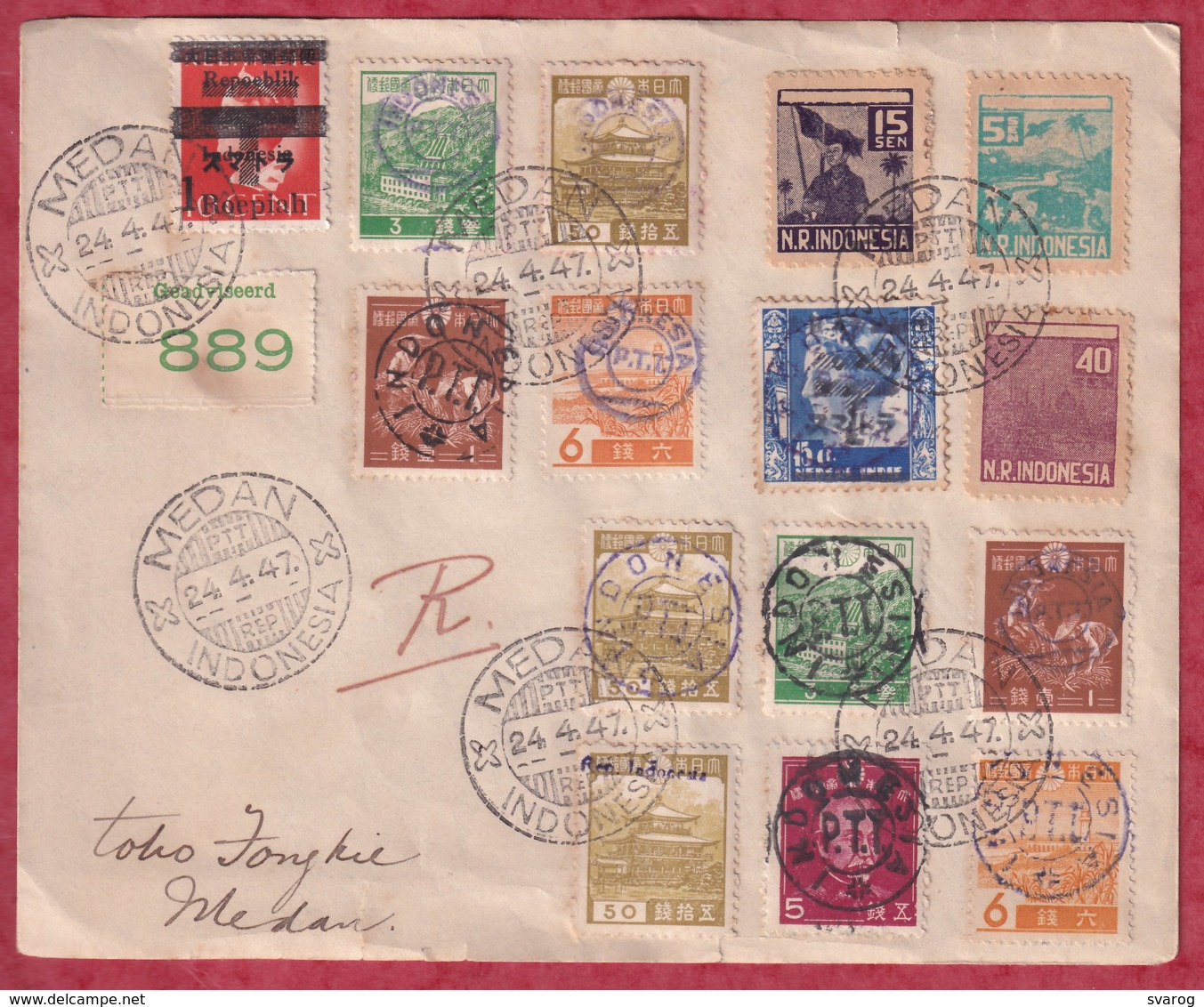 INDONESIA - Medan - Beautiful Mixed Franking Reccomended Letter, 15 Stamps+5 Different Cancels - IV 1947. PI0202/09 - Indie Olandesi