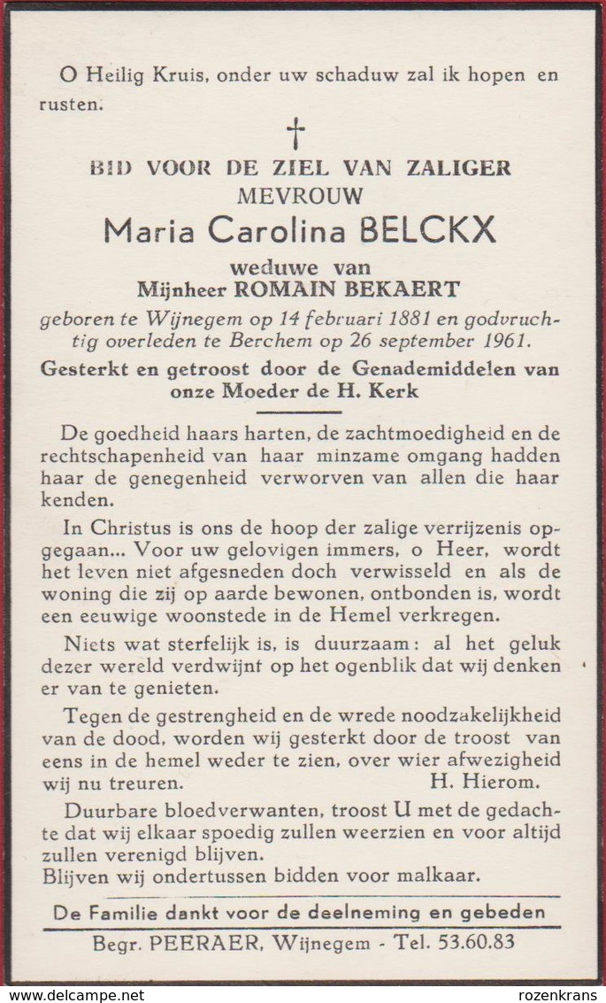 Maria Belckx Romain Bekaert Wijnegem Berchem 1961 Doodsprentje Bidprentje Image Mortuaire (In Zeer Goede Staat) - Images Religieuses