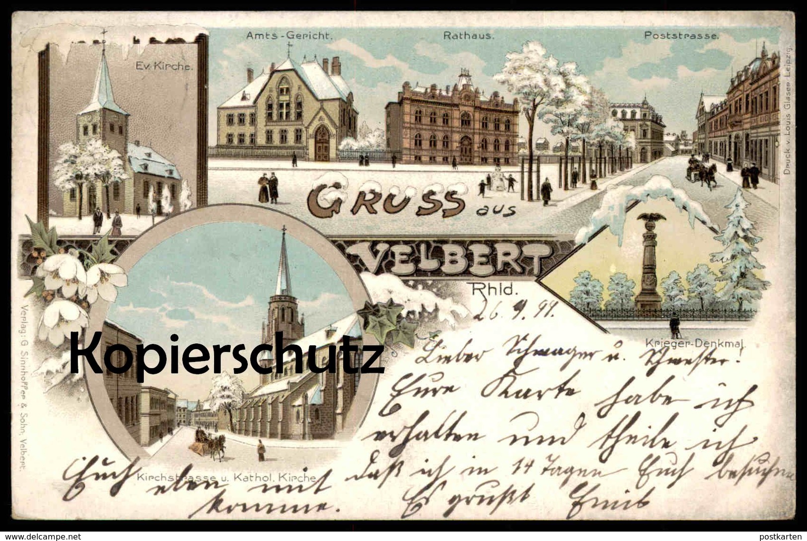 ALTE WINTER LITHO POSTKARTE GRUSS AUS VELBERT 1899 KIRCHSTRASSE POSTSTRASSE SCHLITTEN AMTSGERICHT KIRCHE Ansichtskarte - Velbert