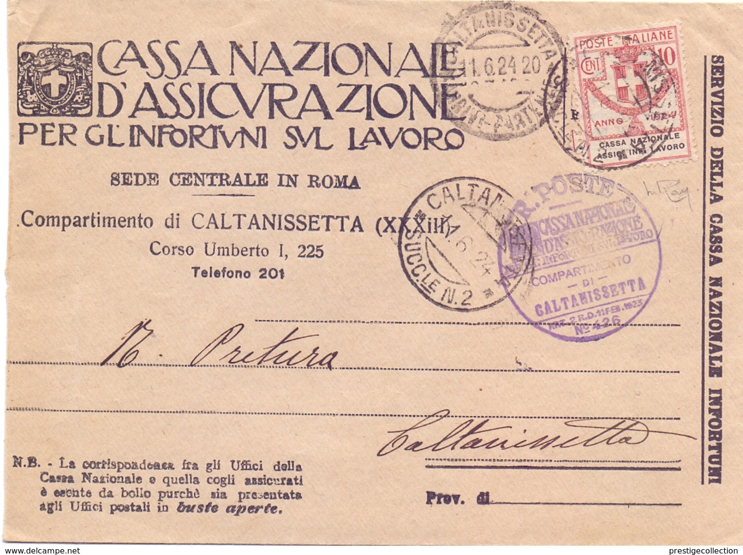 Lettera Distretto Con 10 Cent. Cassa Nazionale Infortuni Lavoro 11.6.1924  FANTASTIC    (FEB200239) - Storia Postale