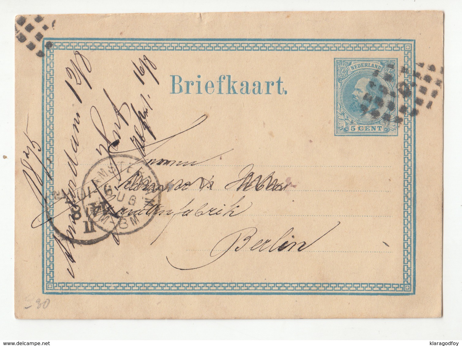 Netherlands Postal Stationery Postcard Briefkaart Posted 1875 To Berlin B200125 - Entiers Postaux