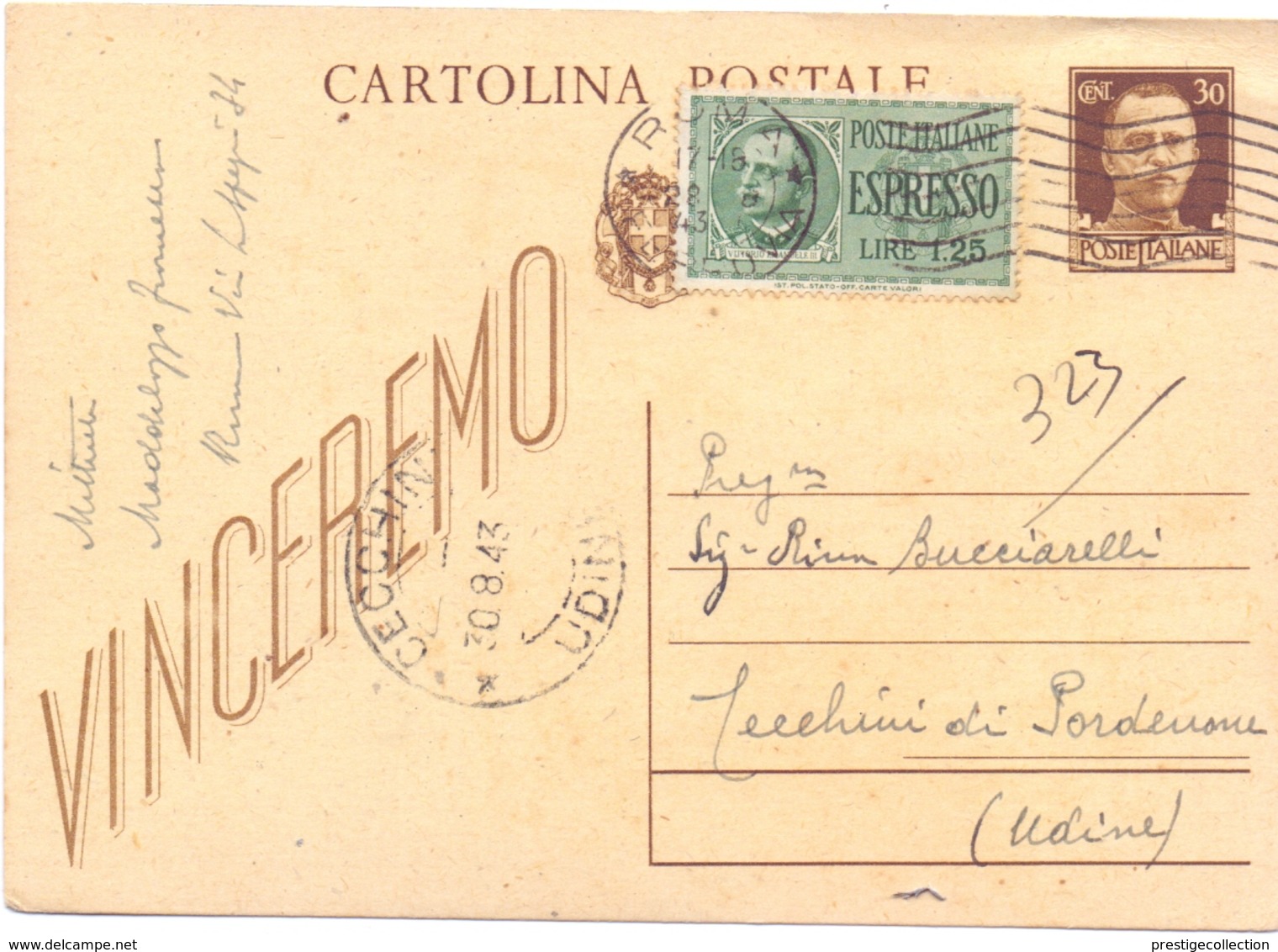 INTERO POSTALE STATIONERY 1943 VINCEREMO ESPRESSO     (FEB200248) - Entero Postal
