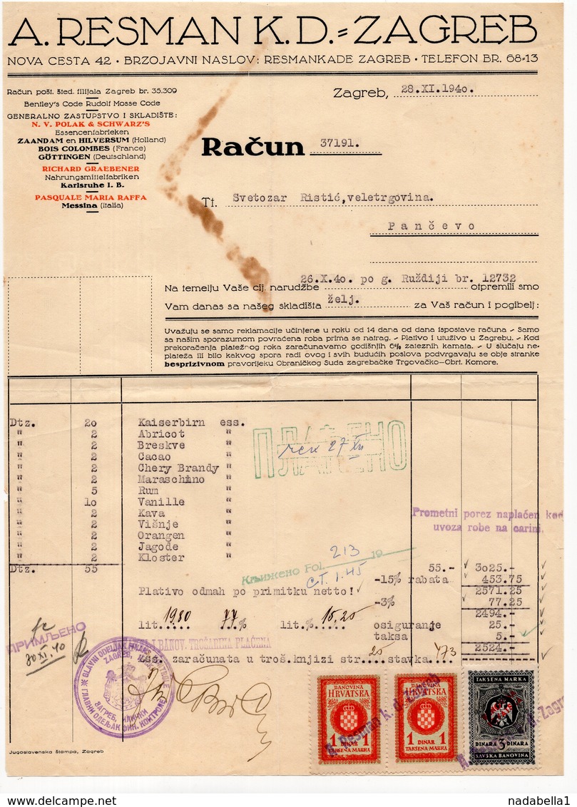 1940 YUGOSLAVIA,CROATIA,ZAGREB,A.RESMAN K.D.WHOLESALE,INVOICE ON LETTERHEAD,3 REVENUE STAMPS - Autres & Non Classés