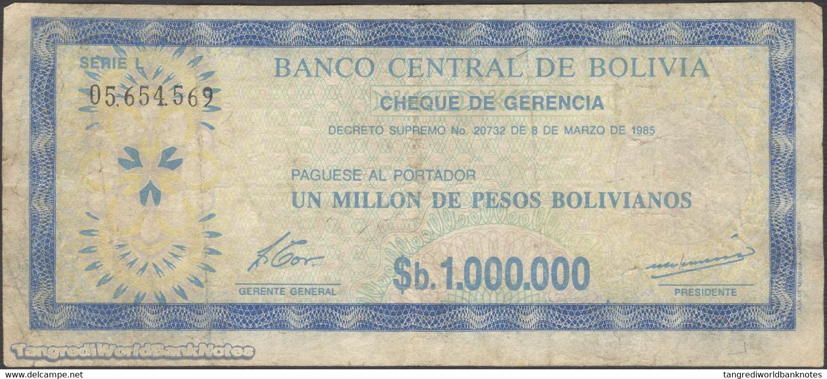 TWN - BOLIVIA 192Ca - 1000000 1.000.000 Pesos Bolivianos 8.3.1985 05.654.569﻿ VG/F - Bolivia