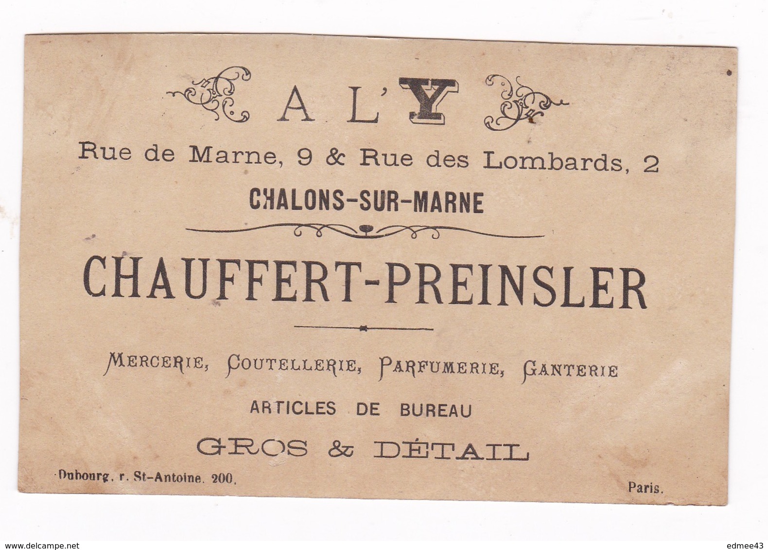 Jolie Chromo A L'Y, Maison Chauffert-Preinsler, Châlons-sur-Marne, Mercerie, Parfumerie, Fin 19e S. - Autres & Non Classés