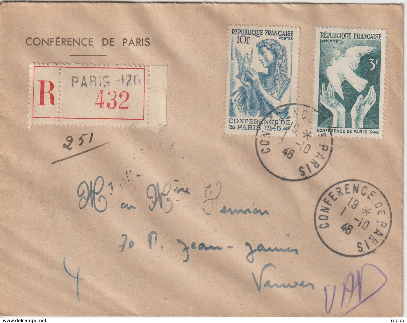 Oblitération Conférence De Paris (29/07/1946 Au 15/10/1946) Recommandé Paris 126 01-10-1946 - 1921-1960: Modern Tijdperk