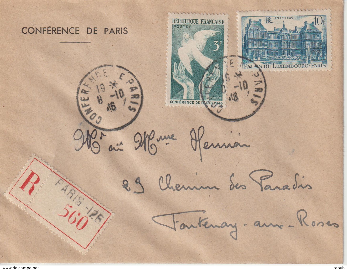 Oblitération Conférence De Paris (29/07/1946 Au 15/10/1946) Recommandé Paris 126 08-10-1946 - 1921-1960: Période Moderne