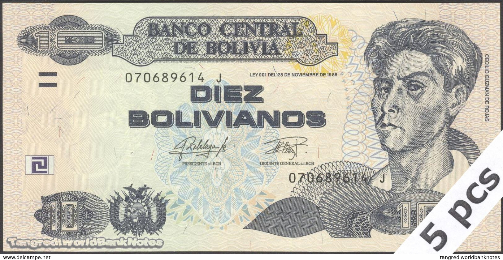 TWN - BOLIVIA 243 - 10 Bolivianos 28.11.1986 (2015) DEALERS LOT X 5 - Serie J - Printer: OF UNC - Bolivia