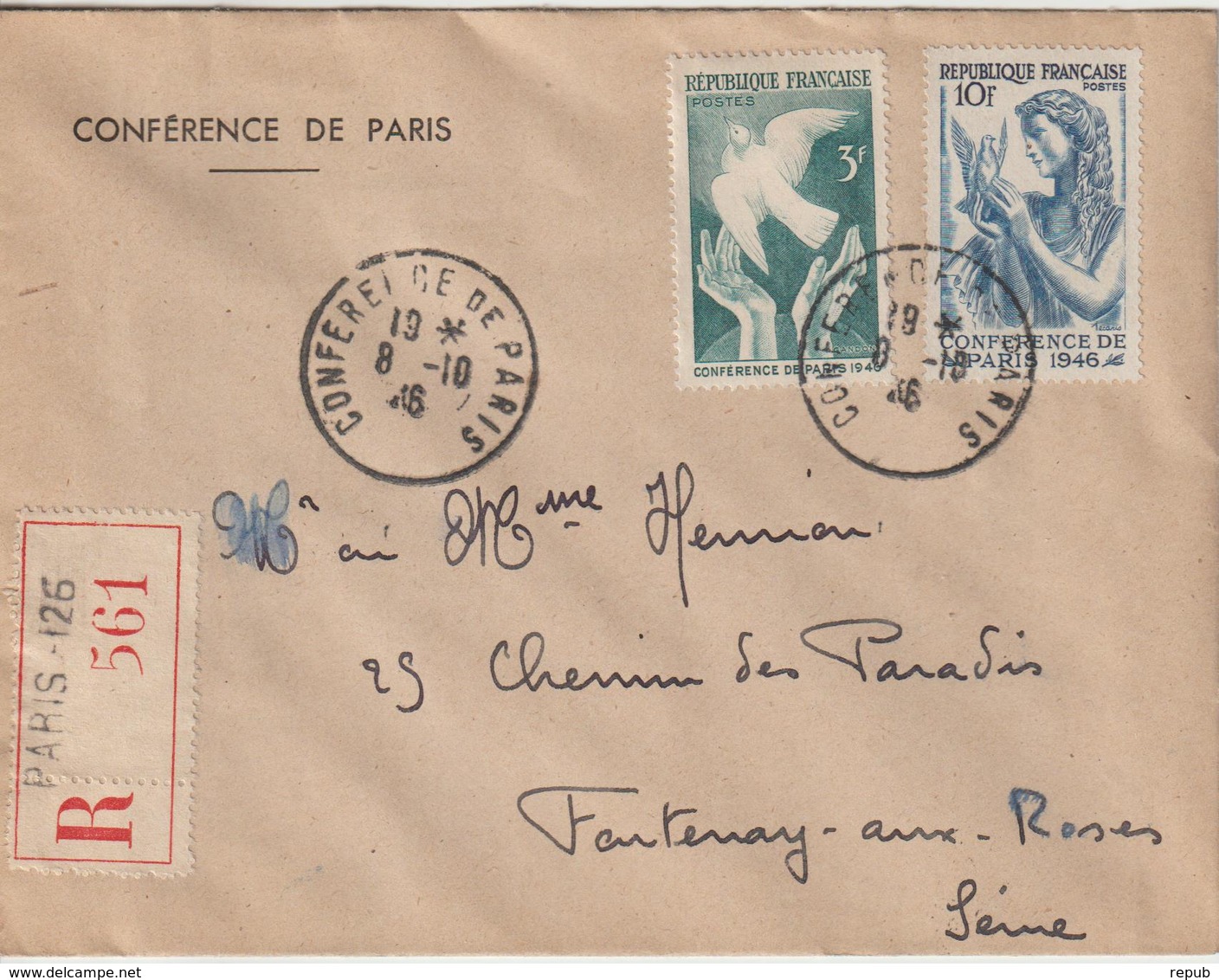 Oblitération Conférence De Paris (29/07/1946 Au 15/10/1946) Recommandé Paris 126 08-10-1946 - 1921-1960: Modern Period