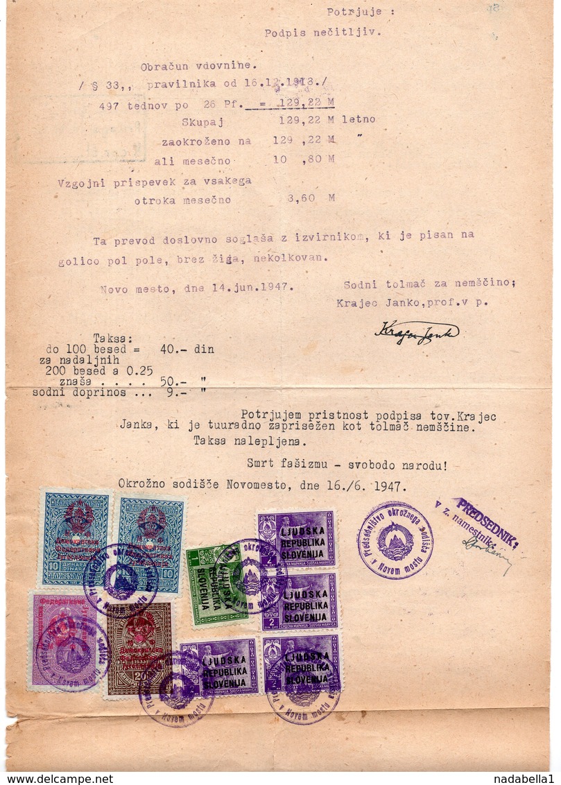 1947 YUGOSLAVIA,SLOVENIA,NOVO MESTO,TRANSLATION,GENERAL KNAPPING SOC,5 JURIDICAL 4 REVENUE STAMPS - Documents Historiques