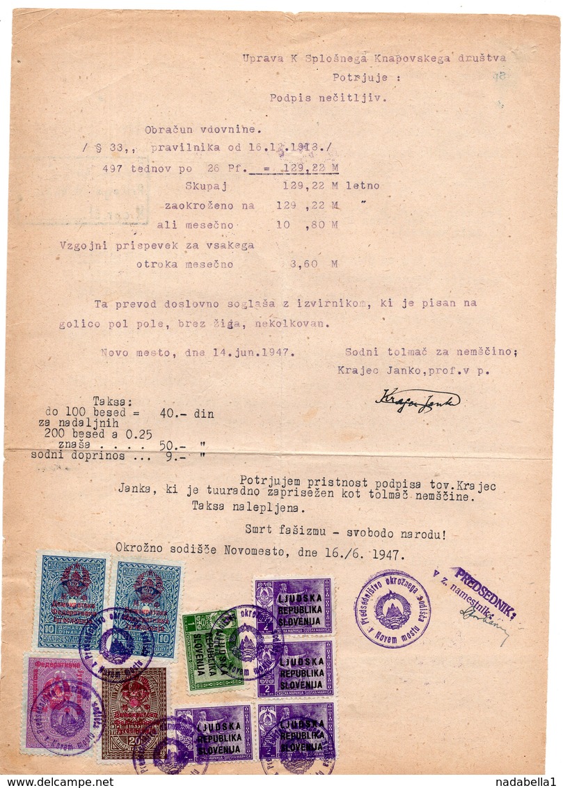 1947 YUGOSLAVIA,SLOVENIA,NOVO MESTO,TRANSLATION,GENERAL KNAPPING SOC,5 JURIDICAL 4 REVENUE STAMPS - Documents Historiques