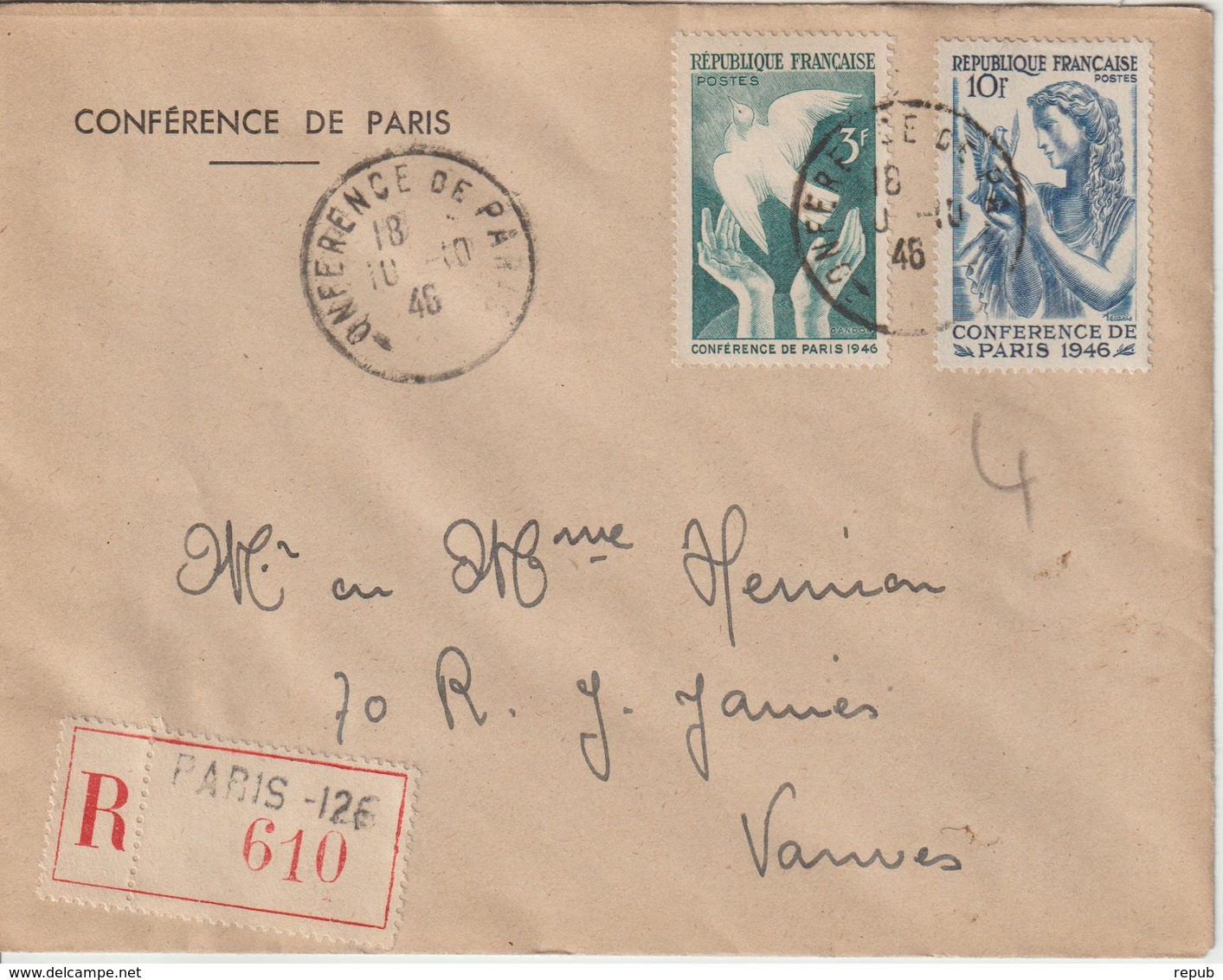 Oblitération Conférence De Paris (29/07/1946 Au 15/10/1946) Recommandé Paris 126 10-10-1946 - 1921-1960: Moderne