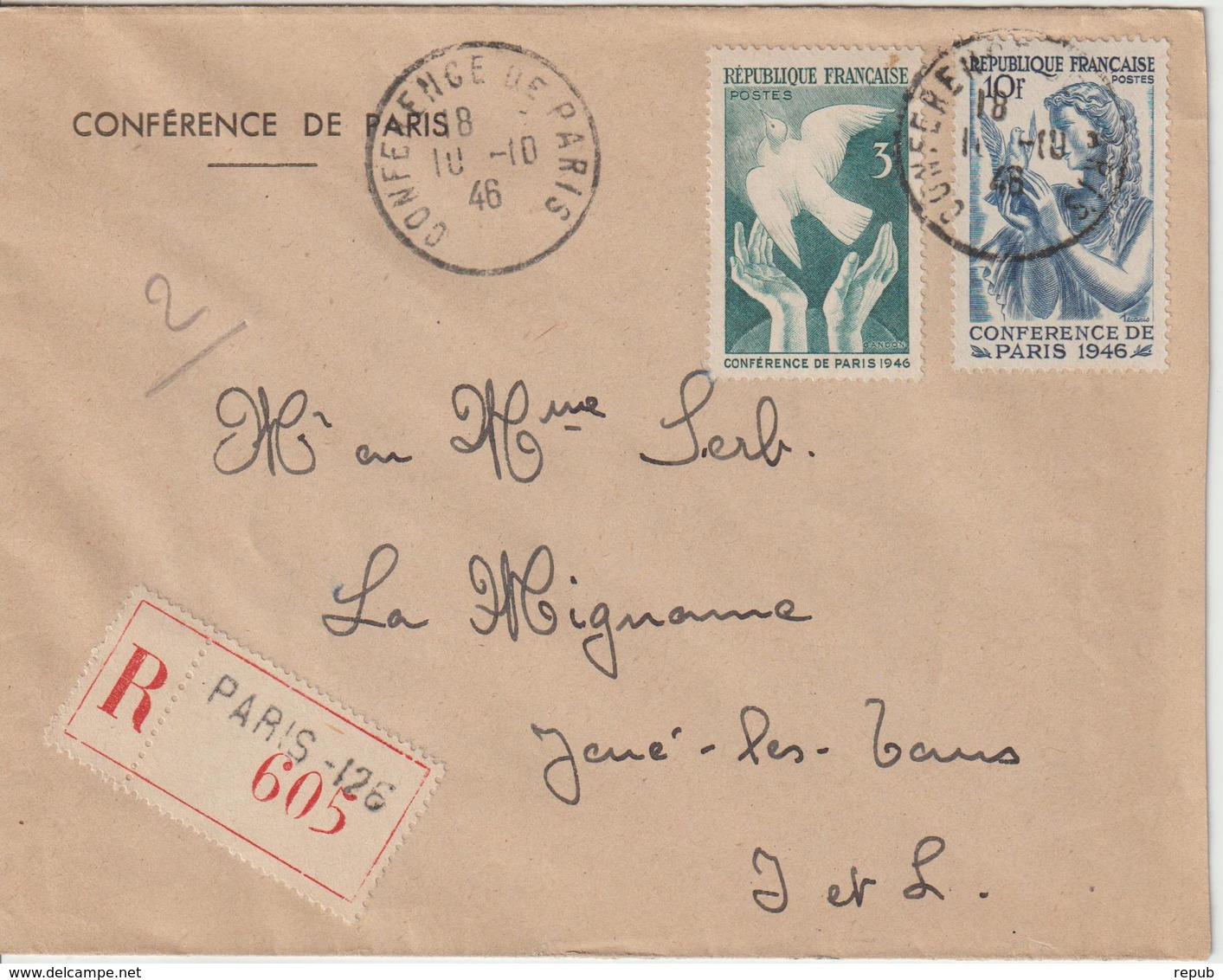Oblitération Conférence De Paris (29/07/1946 Au 15/10/1946) Recommandé Paris 126 10-10-1946 - 1921-1960: Modern Tijdperk