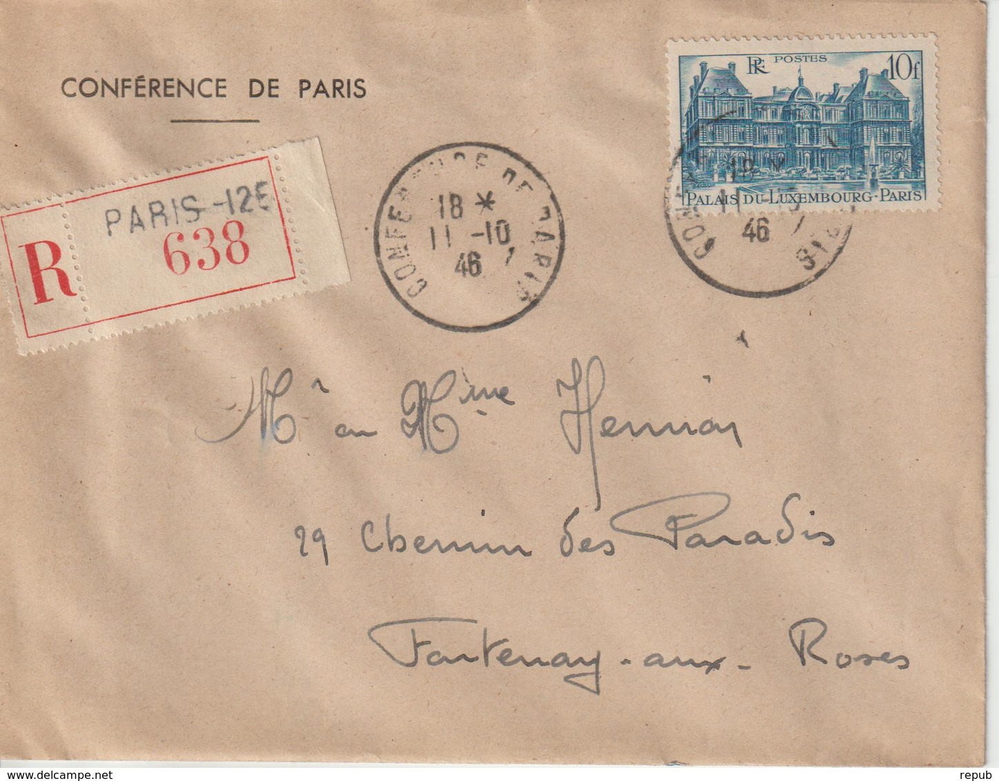 Oblitération Conférence De Paris (29/07/1946 Au 15/10/1946) Recommandé Paris 126 11-10-1946 - 1921-1960: Modern Tijdperk