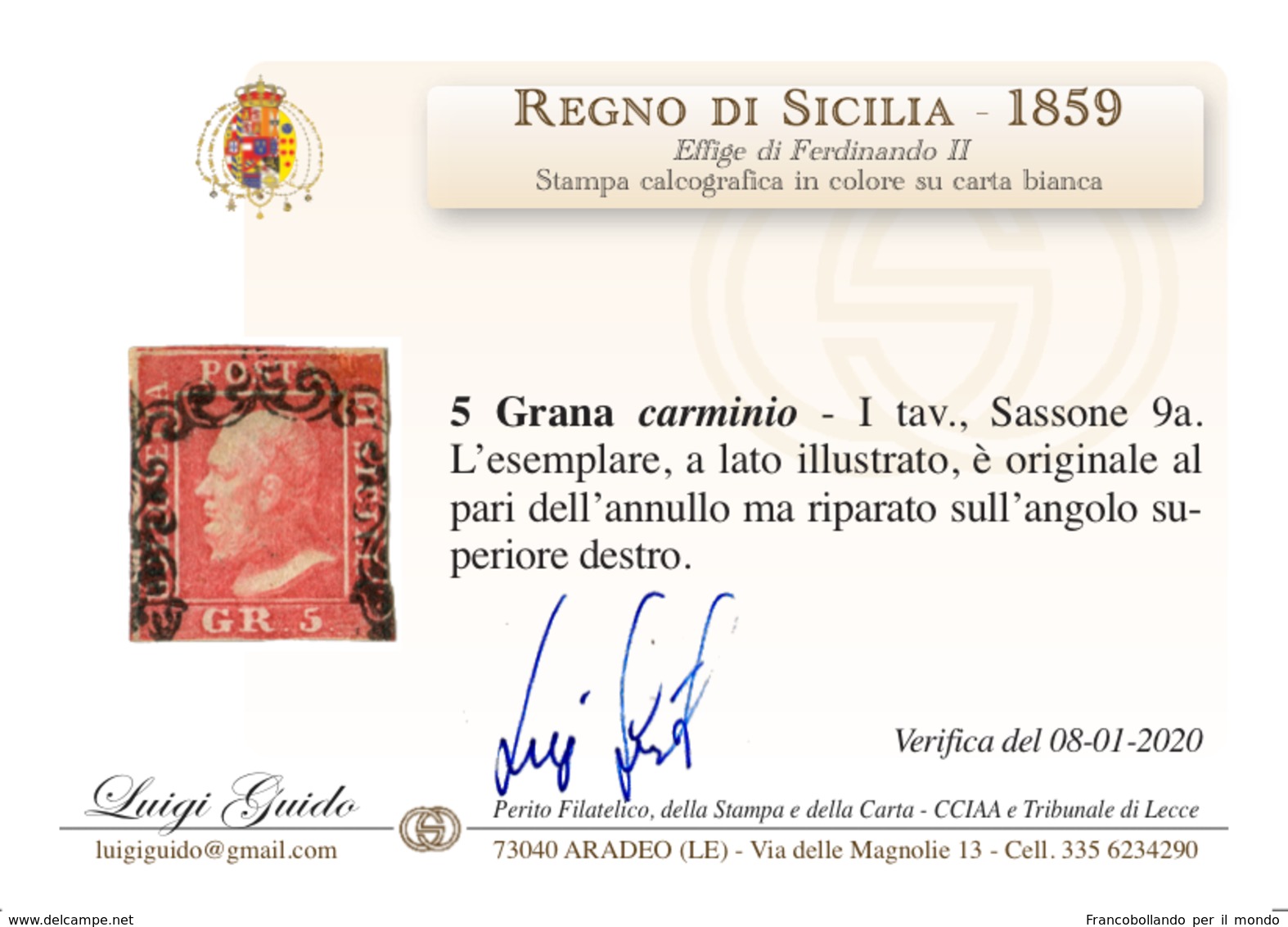 ANTICHI STATI SICILIA 1859 5 GR CARMINIO I TAV SASONE 9a CV 1400 PERIZIATO LUIGI GUIDO - Sicilia