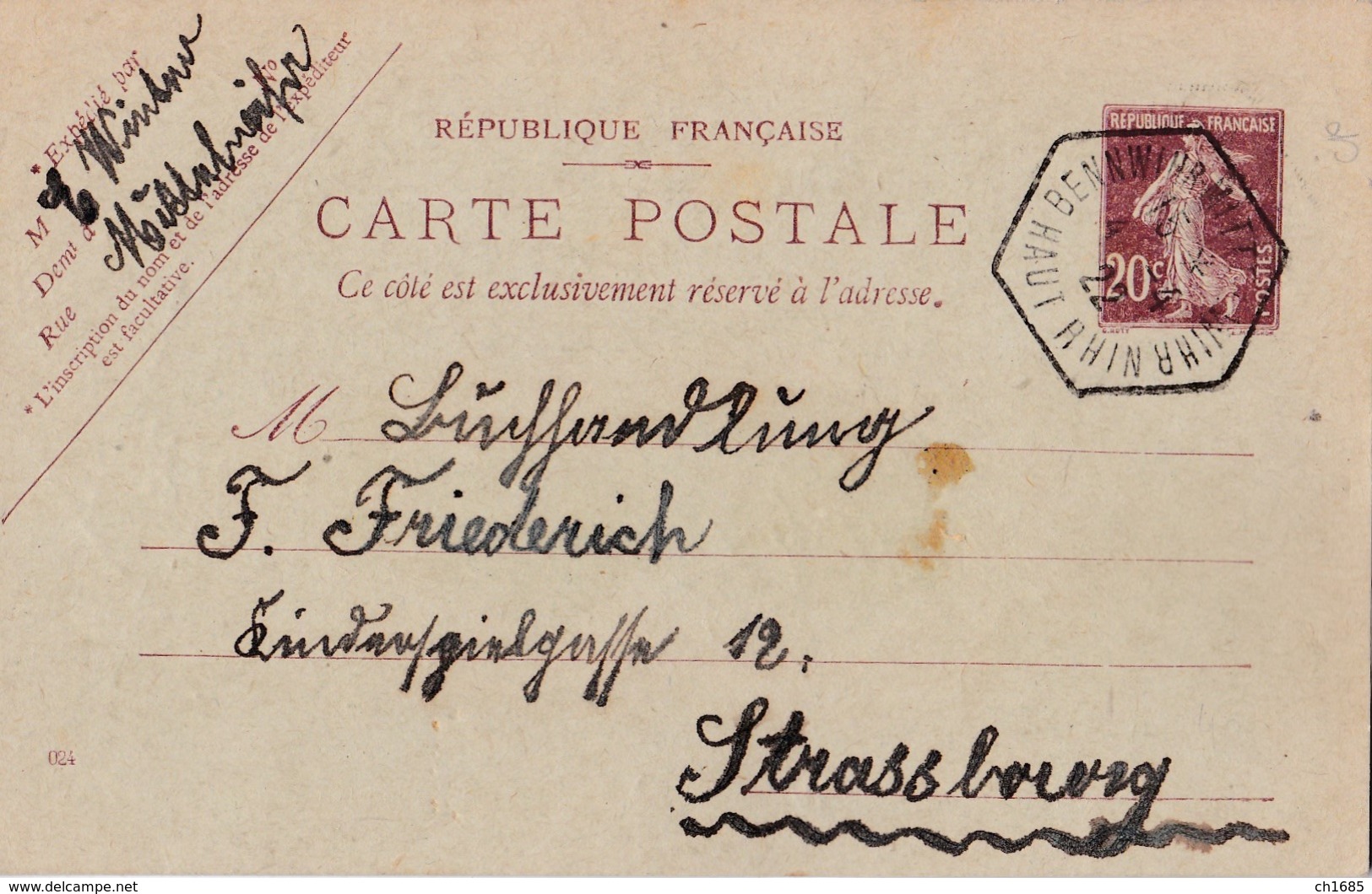 Alsace Lorraine Cachet Hexagonal Bennwihr-Mittelwihr Sur Entier Postal De 1922 Pour Strasbourg - Lettres & Documents