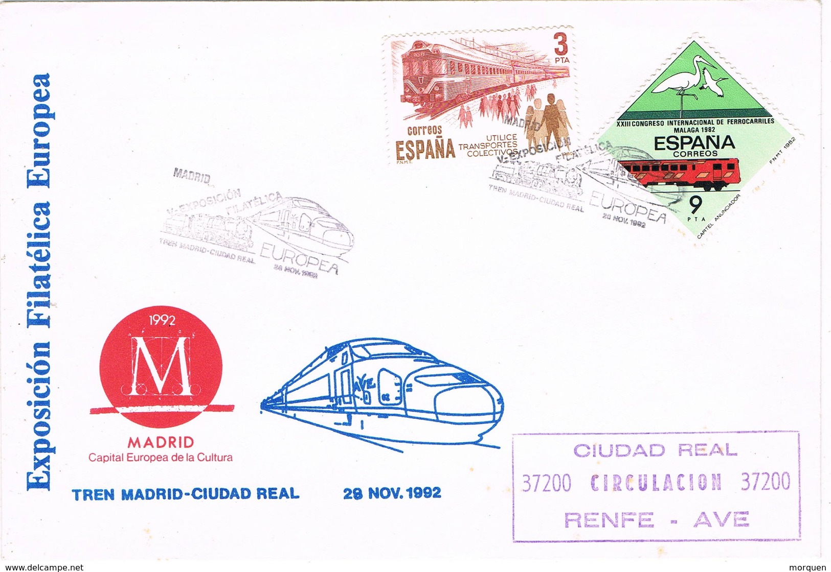 35652. Carta CIUDAD REAL 1992. Ferrocarril, Tren Madrid A Ciudad Real. Marca RENFE - Cartas & Documentos