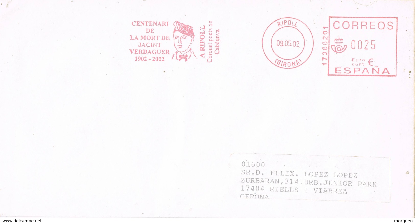 35657. Carta RIPOLL (Gerona) 2002. Franqueo Mecanico JACINT VERDAGUER, 50 Aniversario Muerte - Cartas & Documentos