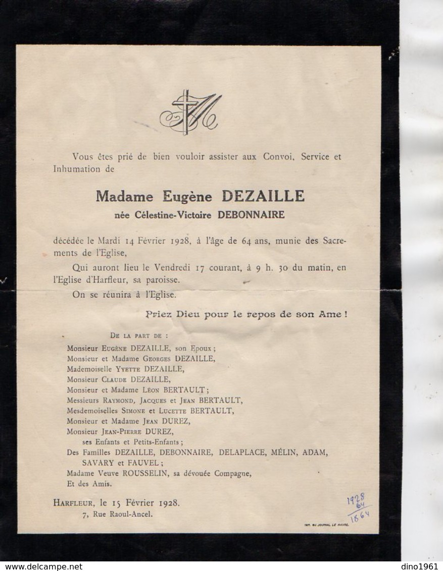 VP16.805 - HARFLEUR 1928 - Faire - Part De Décès De Mme Eugène DEZAILLE Née Célestine - Victoire DEBONNAIRE - Décès