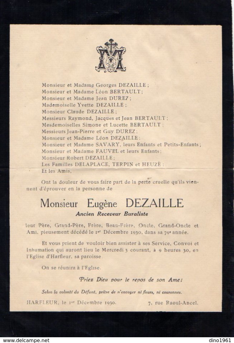 VP16.806 - HARFLEUR 1930 - Faire - Part De Décès De Mr Eugène DEZAILLE Ancien Receveur Buraliste - Décès