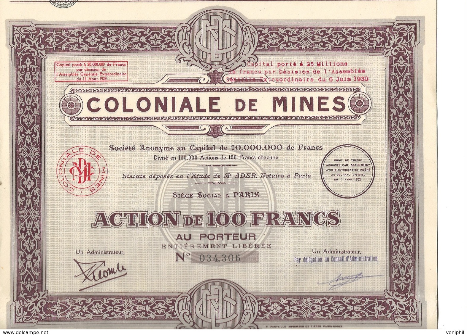 LOT  DE 4 ACTIONS  DE 100 FRS- COLONIALE DE MINES  ANNEE 1929  TTB - Miniere