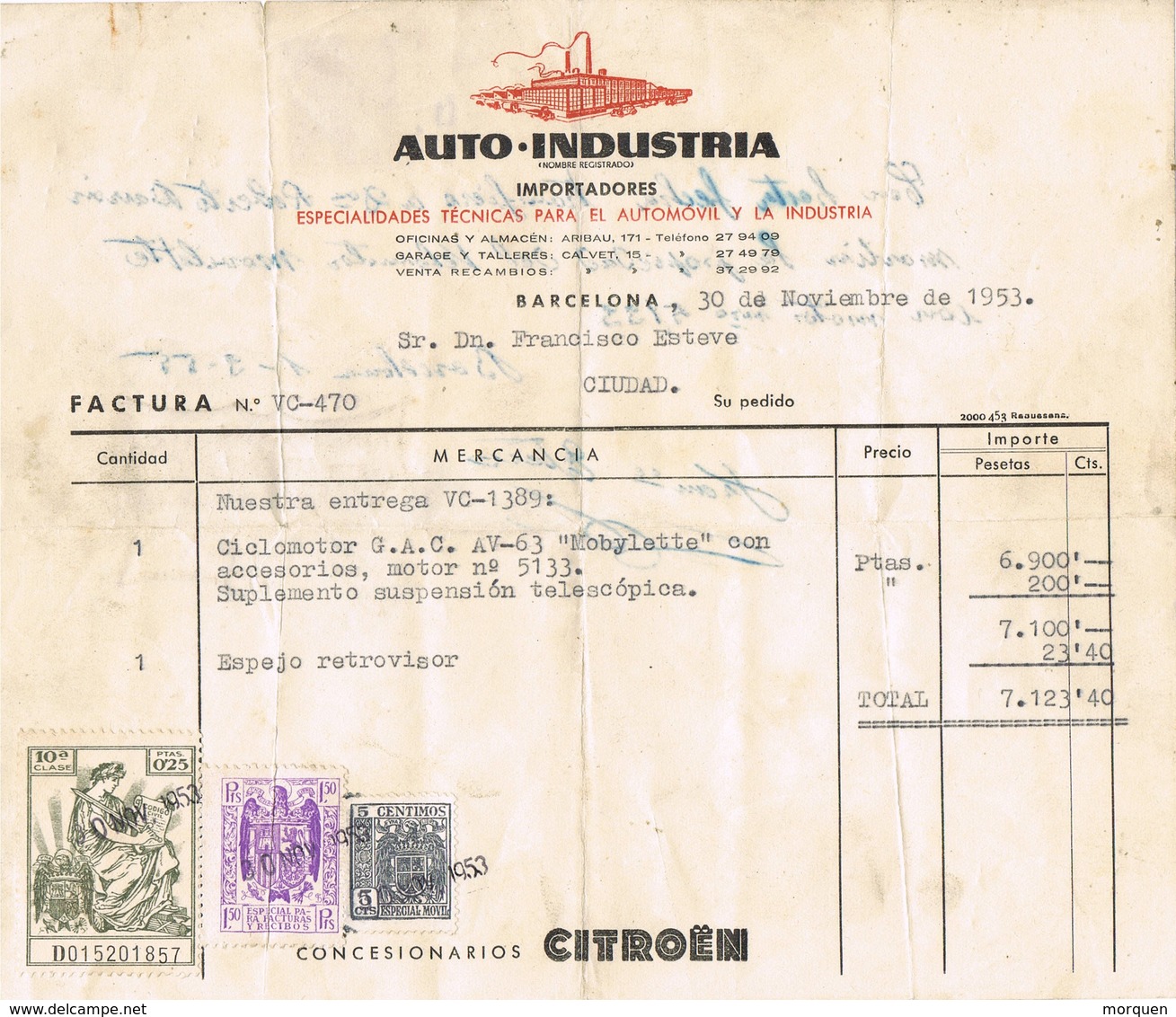 35662. Fiscal. Factura Compra Motocicleta BARCELONA 1953. Viñetas Moviles. REVENTA Al Dorso - Fiscales