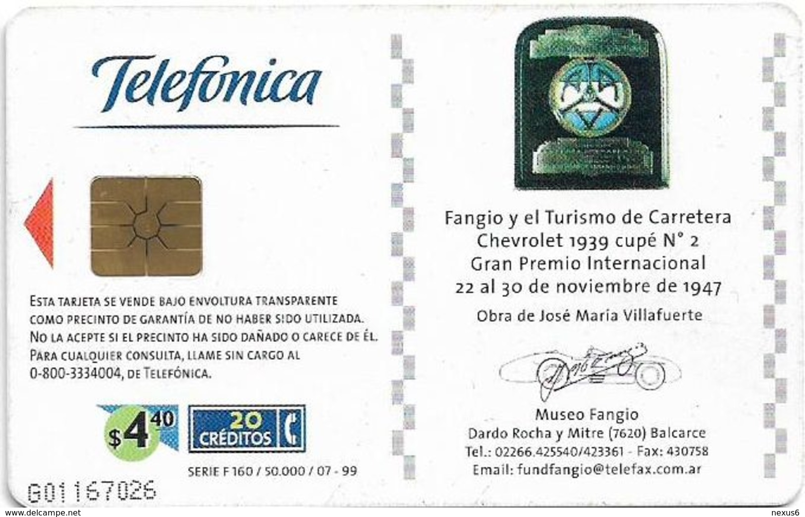 Argentina - Telefónica - Juan Manuel Fangio Cars 3/8, 07.1999 - 50.000ex, Used - Argentina