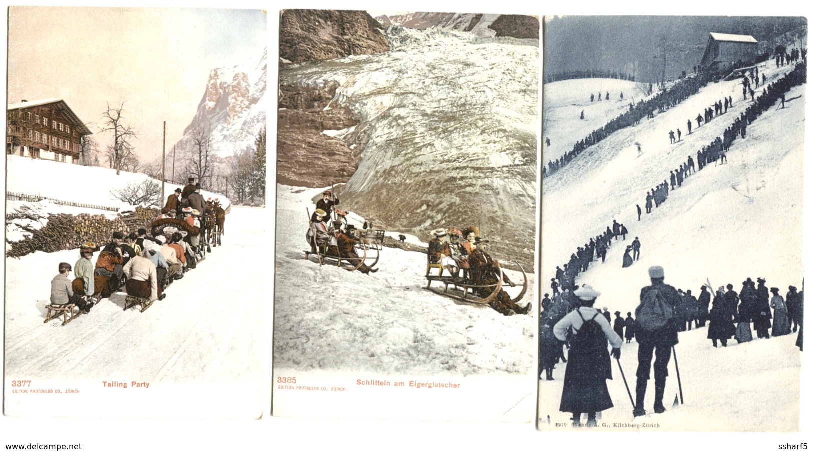 WINTER SPORTS IN SWITZERLAND 3 Postcards Schlitteln + Tailing Party C. 1908 - Port