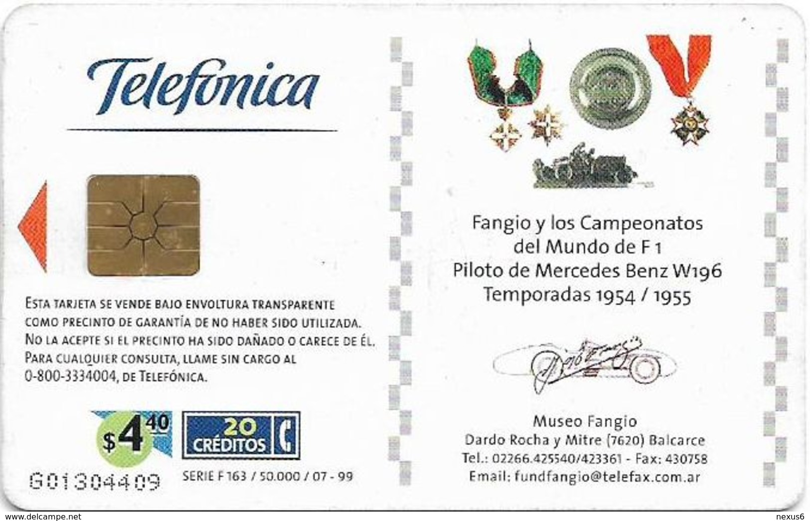 Argentina - Telefónica - Juan Manuel Fangio Cars 6/8, 07.1999 - 50.000ex, Used - Argentina