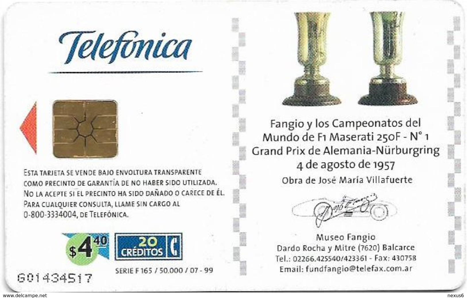 Argentina - Telefónica - Juan Manuel Fangio Cars 8/8, 07.1999 - 50.000ex, Used - Argentina