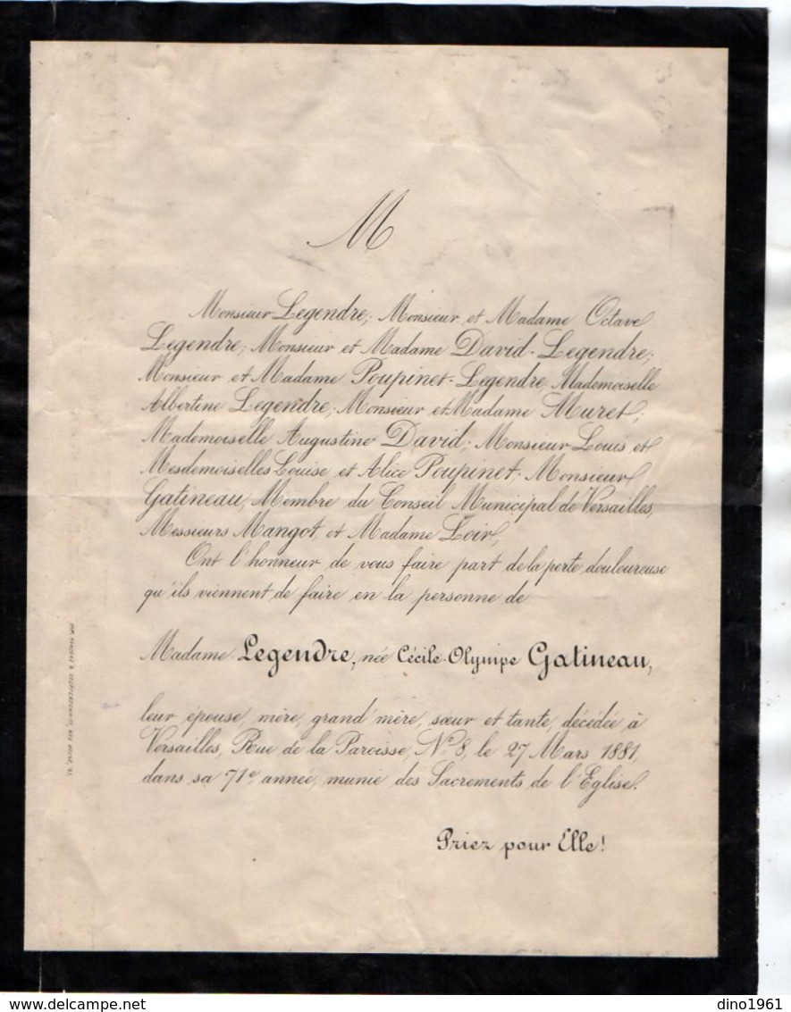 VP16.808 - VERSAILLES 1881 - Faire - Part De Décès De Mme LEGENDRE Née Cécile - Olympe GATINEAU - Décès