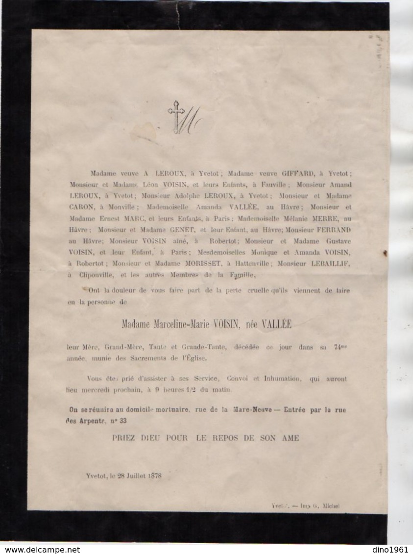 VP16.809 - YVETOT 1878 - Faire - Part De Décès De Mme Marceline - Marie VOISIN Née VALLEE - Décès