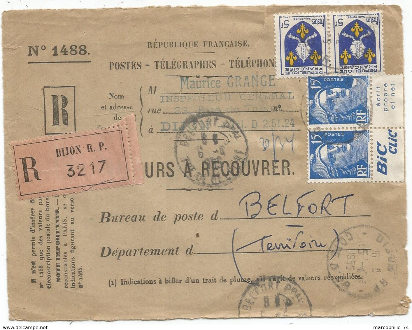 GANDON 15FR BLEU PAIRE PUB BIC + ECRIT +N°1005 PAIRE DEVANT LETTRE VALEURS A RECOUVRER DIJON 15.4.1955 AU TARIF - 1945-54 Marianna Di Gandon