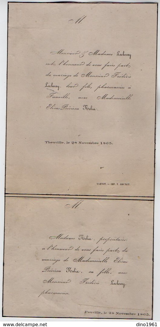 VP16.811 - YVETOT X FAUVILLE 1865 - Faire - Part De Mariage De Mr F. LACHERAY Pharmacien & Melle E. P.  NOBIA - Mariage