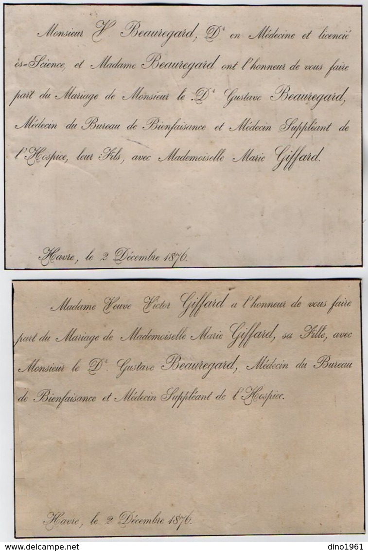 VP16.812 - HAVRE 1876 - Faire - Part De Mariage De Mr Gustave BEAUREGARD Médecin & Melle Marie GIFFARD - Annunci Di Nozze