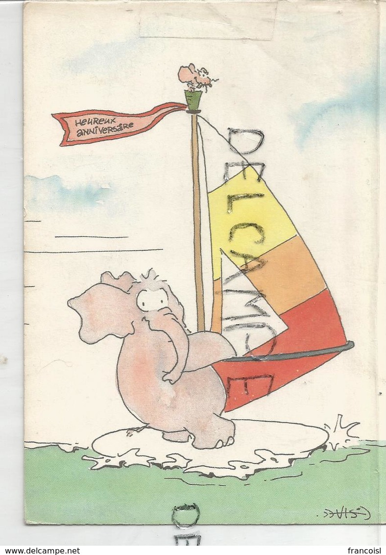 Éléphant Et Souris Font De La Planche à Voile. Signée VIS - Éléphants