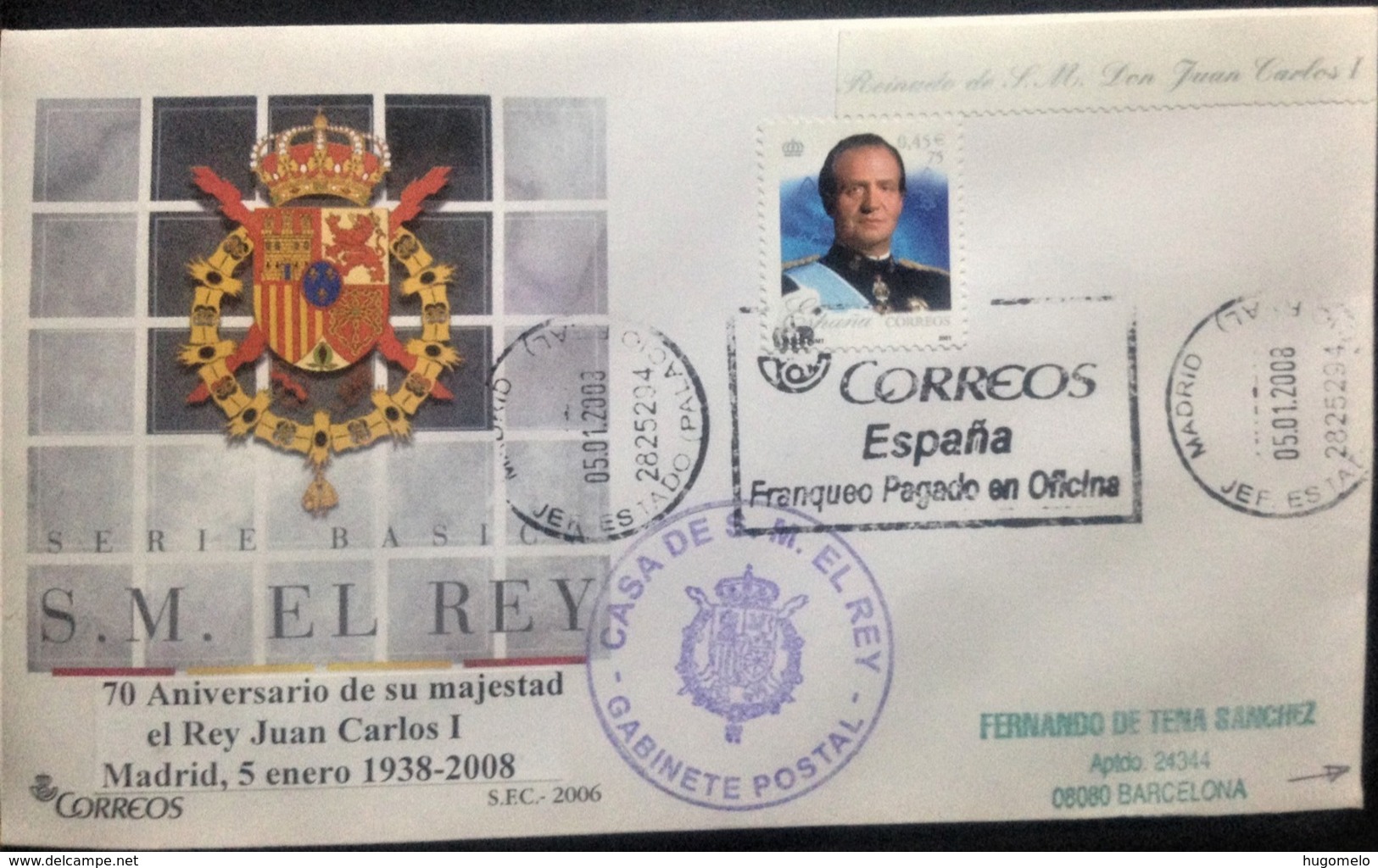 Spain, Circulated Cover, "Monarchy", "Anniversaries", "70 Years Of Birthday Of H.M. The King", 2008 - Cartas & Documentos