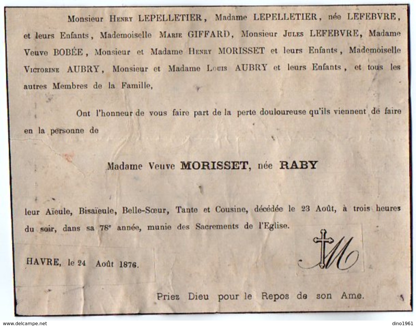 VP16.813 - HAVRE 1876 - Faire - Part De Décès De Mme Veuve MORISSET Née RABY - Décès
