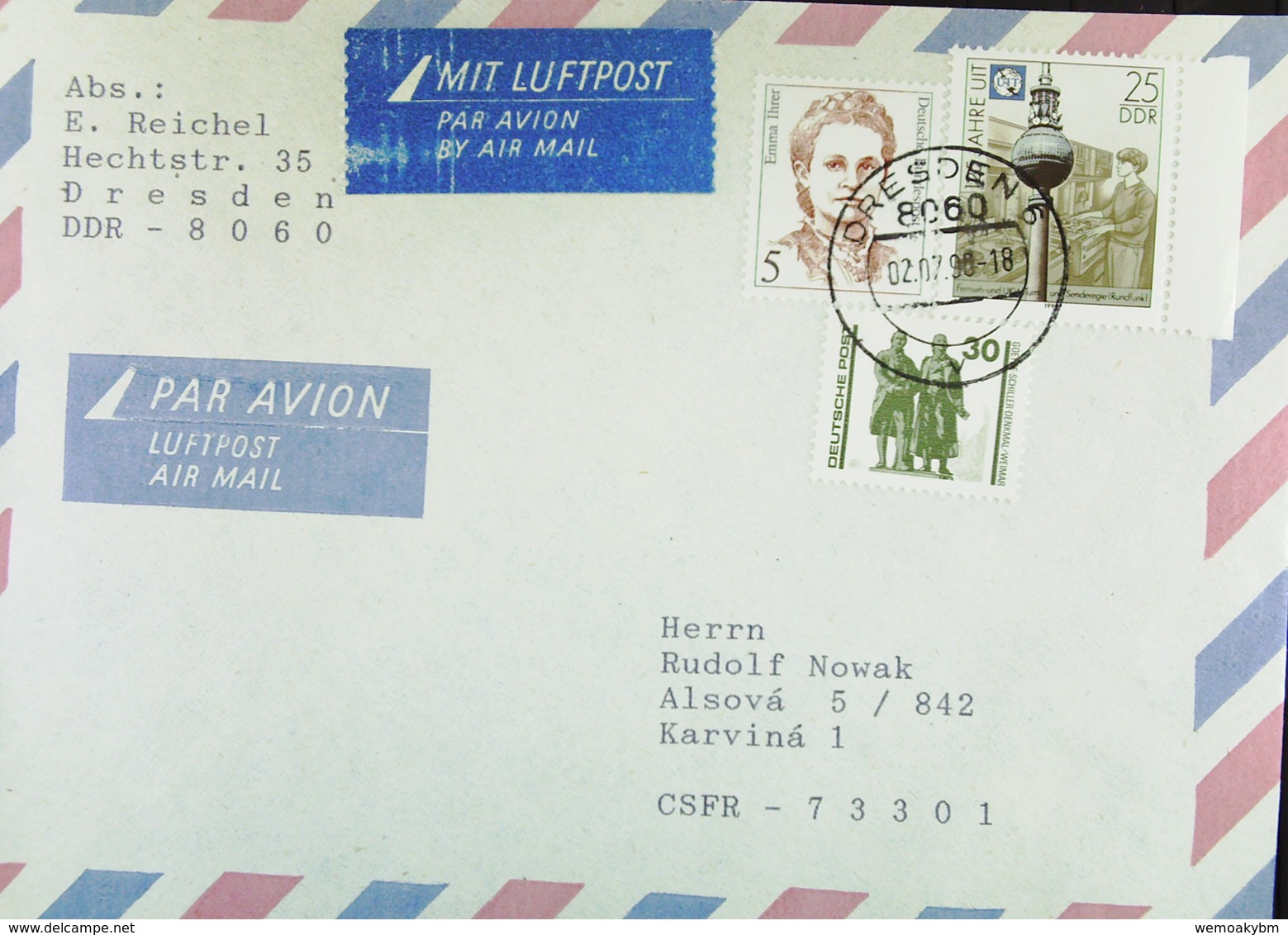 DDR WU: Ausl-Lp-Brief MiF DDR, BRD-DP (FDC-Ersttag Verw.von 30 Pf Goethe/Schil) Und BRD Aus DRESDEN 2.7.90 Knr: 3345, Ua - Luftpost