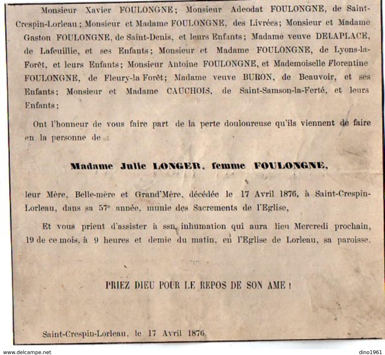VP16.815 - SAINT CRESPIN LORLEAU 1876 - Faire - Part De Décès De Mme Julie LONGER Femme FOULONGNE - Décès