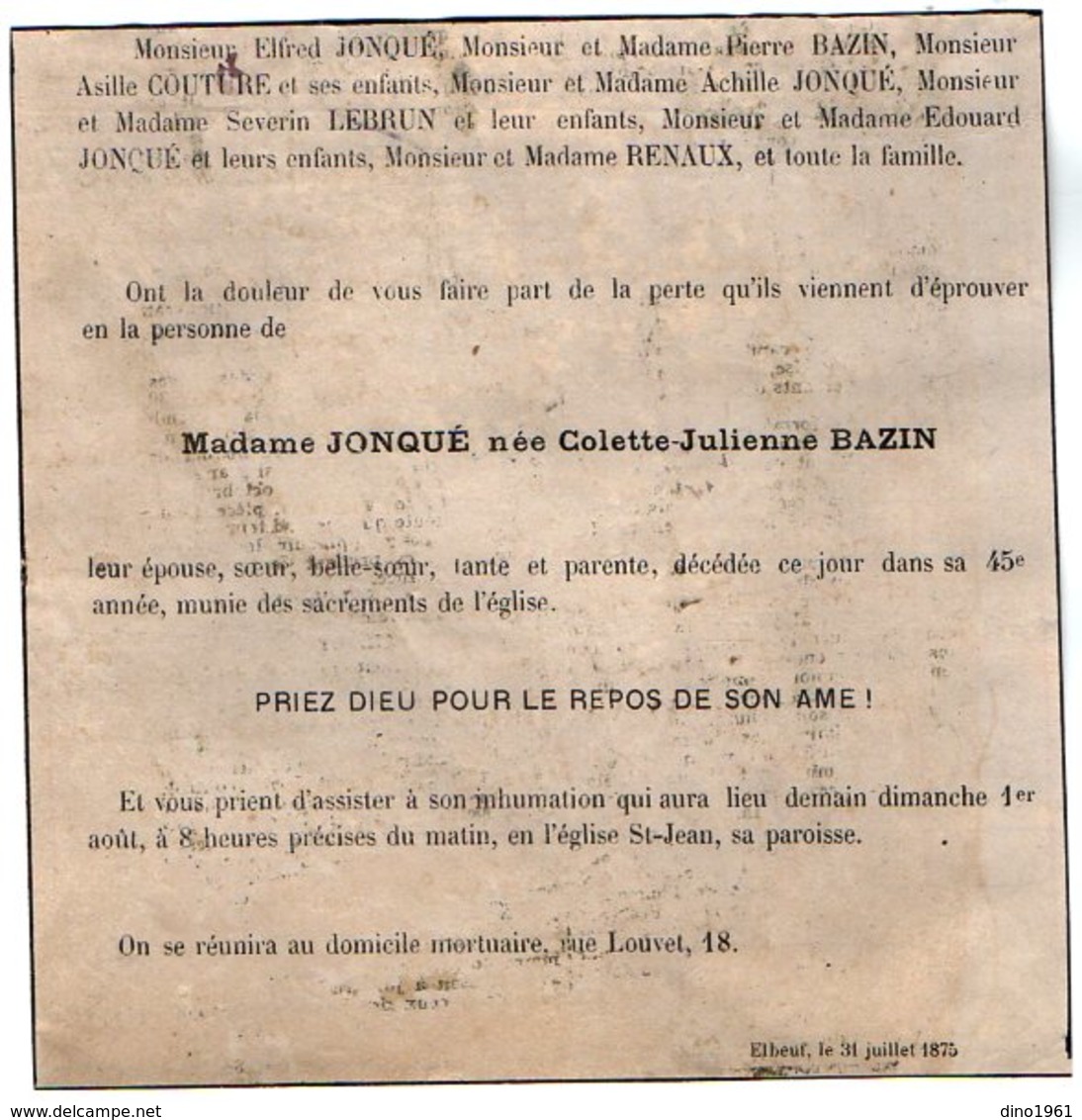 VP16.816 - ELBEUF 1875 - Faire - Part De Décès De Mme JONQUE Née Colette - Julienne BAZIN - Décès