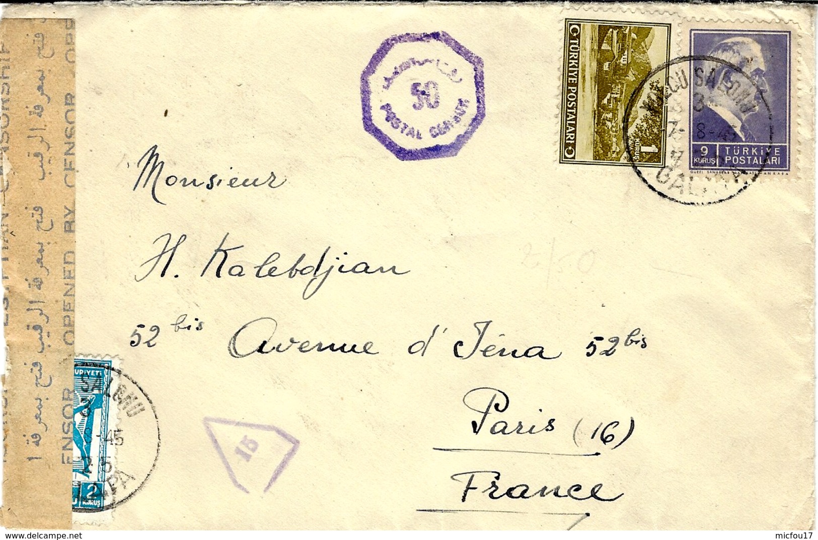 WWII - 1945 - Cover From  Istambul To Paris  -  Turkish And Egyptian Censors - Lettres & Documents