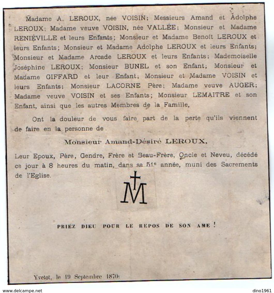 VP16.817 - YVETOT 1870 - Faire - Part De Décès De Mr Amand - Désiré LEROUX - Décès